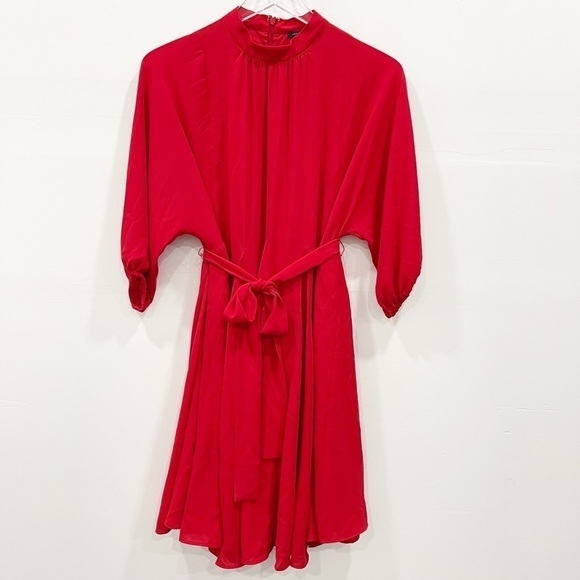 Ann Taylor Mock Neck Belted Pleated Dress Candy Red XS Holiday Christmas Evening - Picture 2 of 9